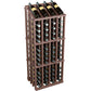 Dark wood wine bottle display rack with front grid and 52 bottles installed