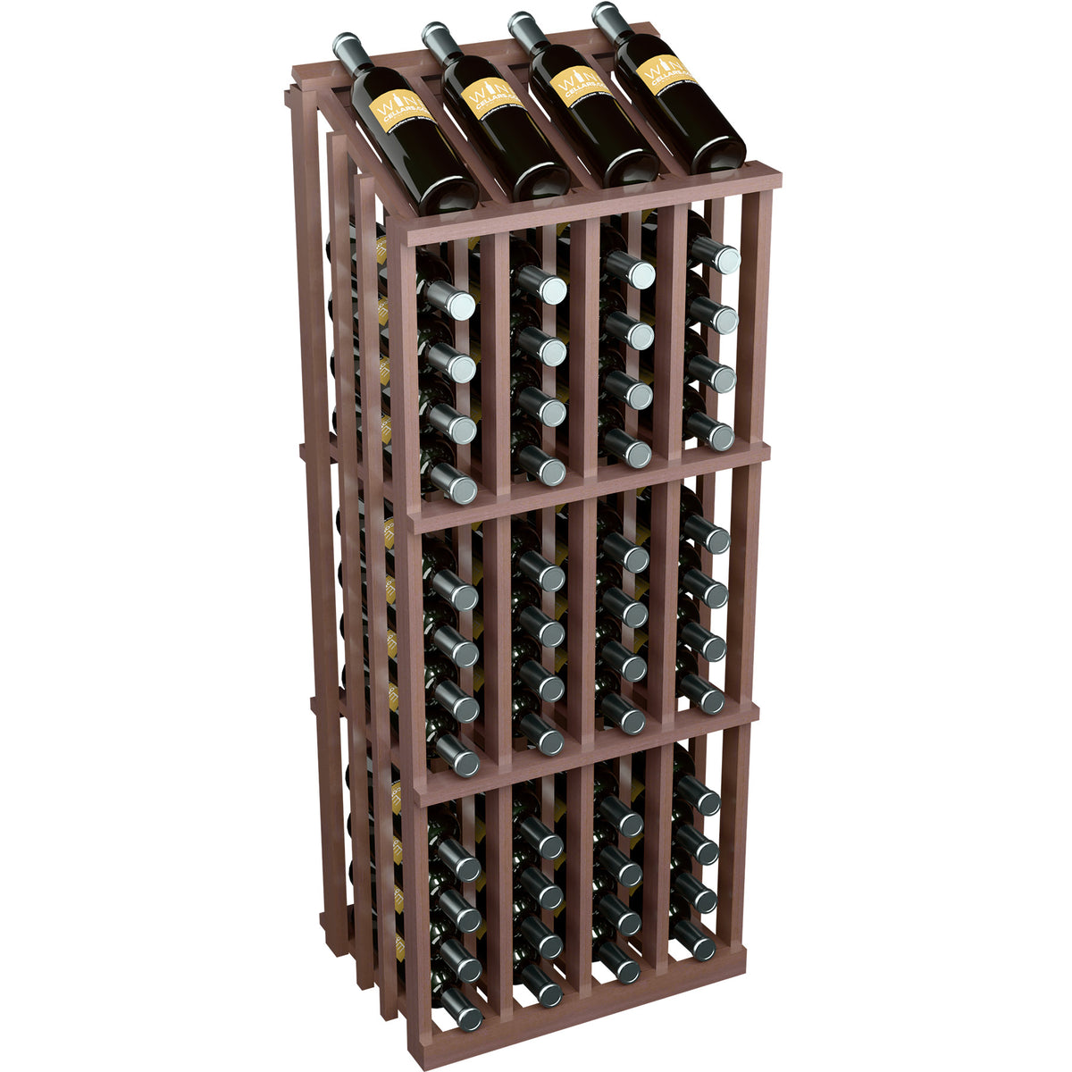 Dark wood wine bottle display rack with front grid and 52 bottles installed