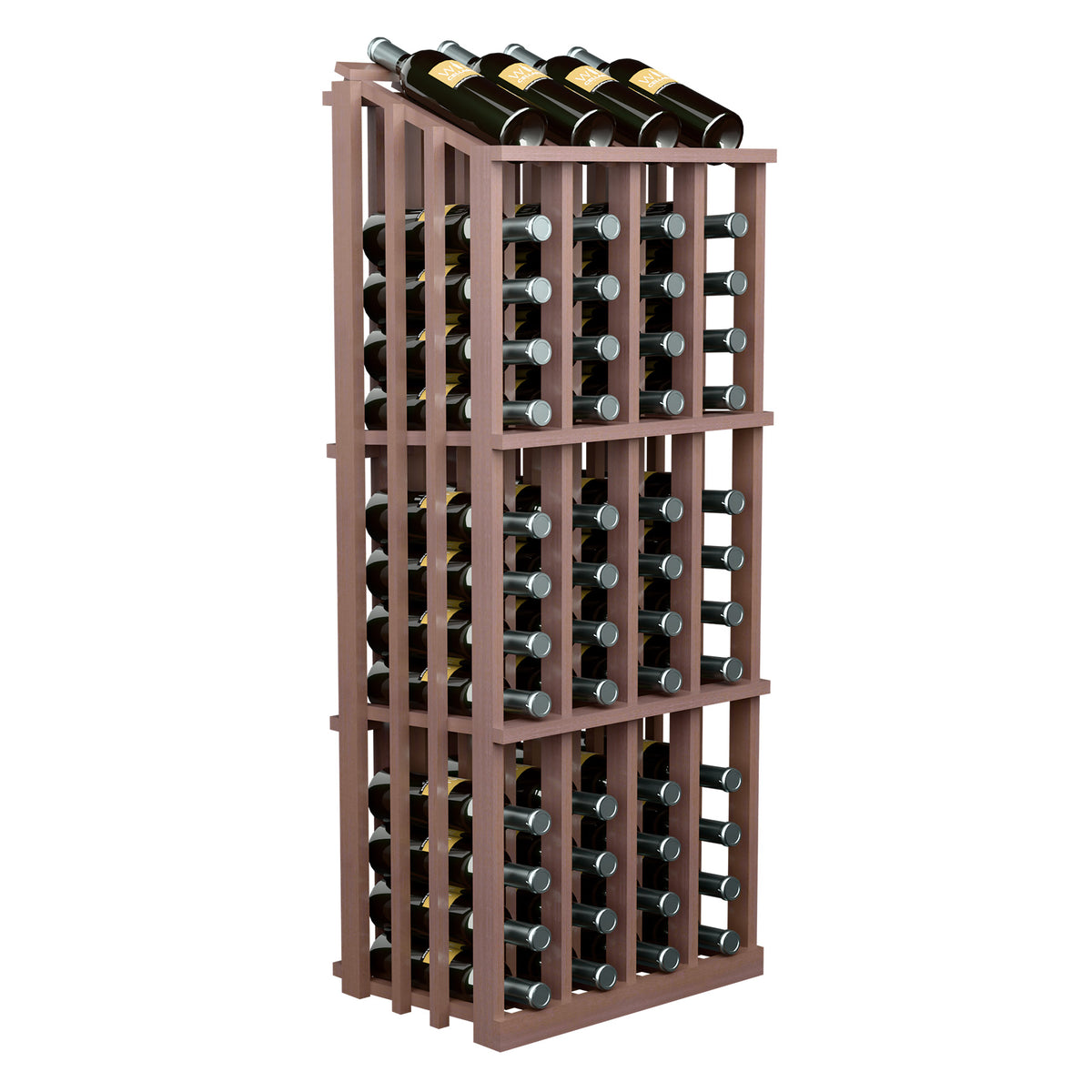 Medium wood wine bottle display stand with vertical slots and 52 bottles