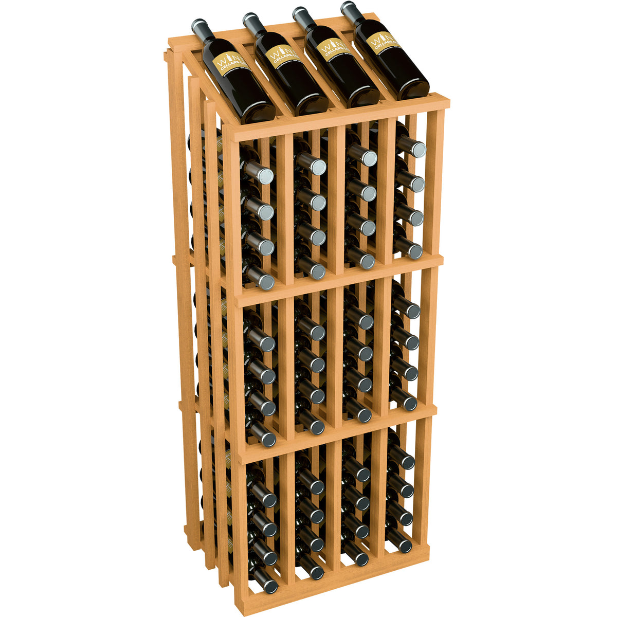 Wine bottle display rack with dark bottles in a light orange wood frame and metal holders.
