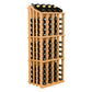 52-bottle wine display rack with circular bottle holders, honey-toned wood frame, front view