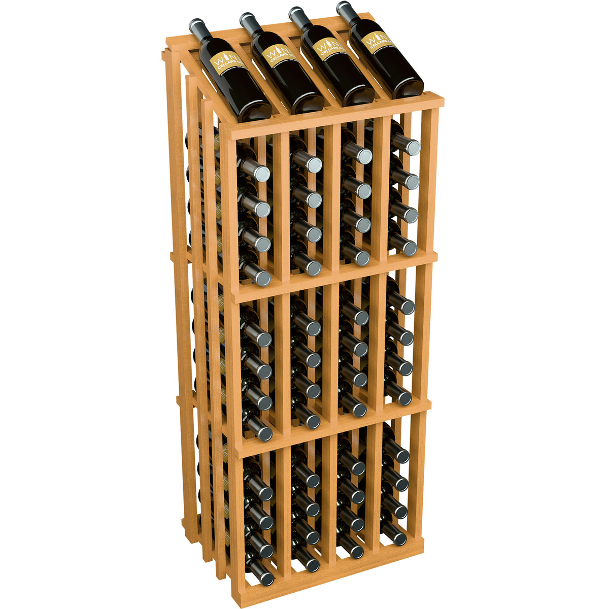 Natural wood wine bottle rack with side view showing 52 bottles in rows