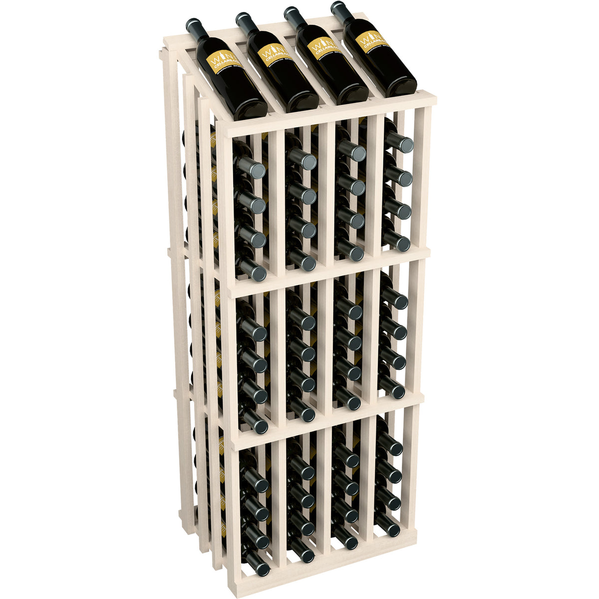 Light wood wine bottle rack front view with rows of wine bottles in circular slots