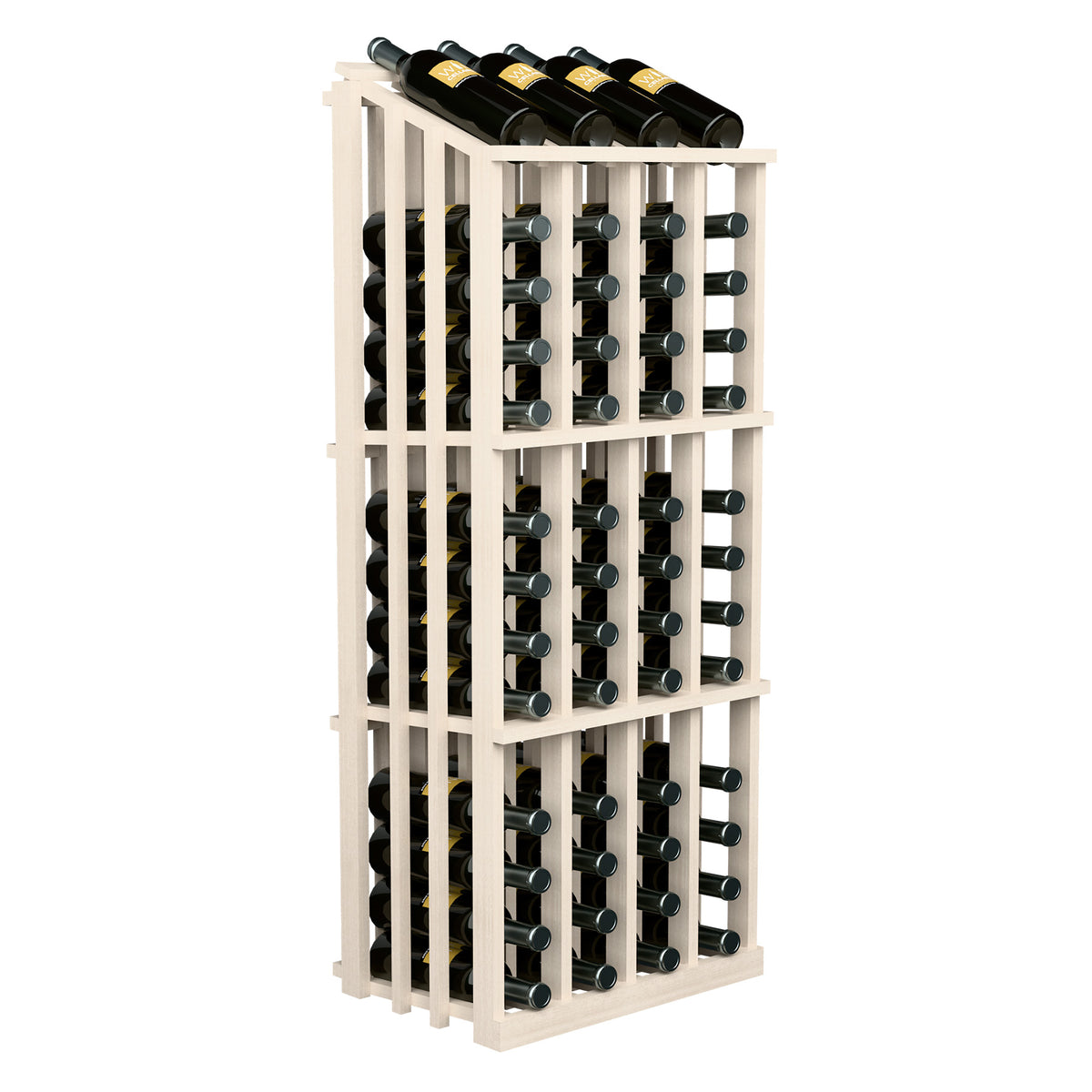 White wood wine bottle display with front grid and 52 bottles in upright rows
