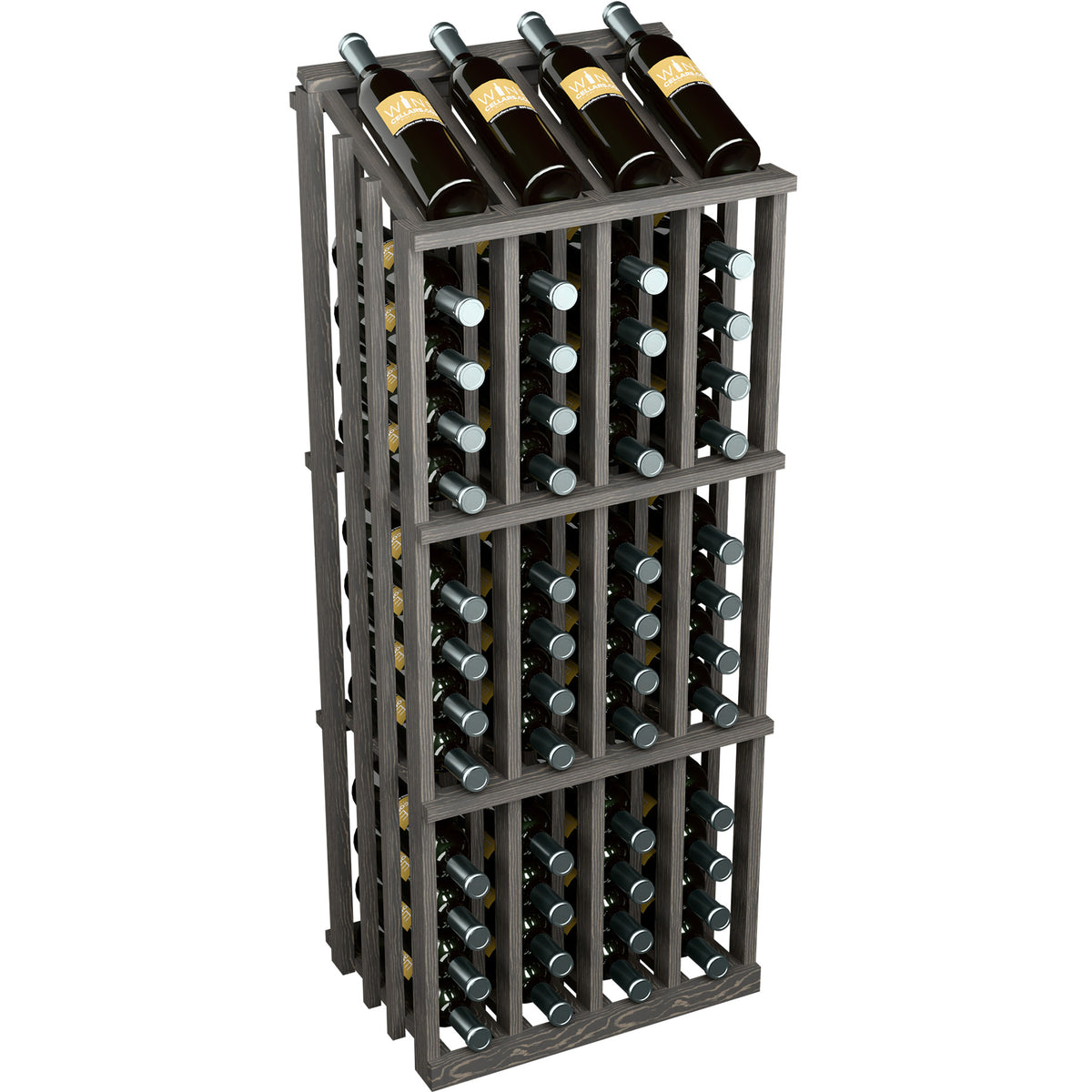 Dark gray wood wine bottle display rack with 52 bottle slots and dark bottles