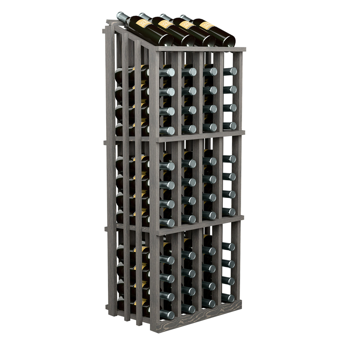 52-bottle wine display rack with circular bottle holders, dark gray frame, bottles on top