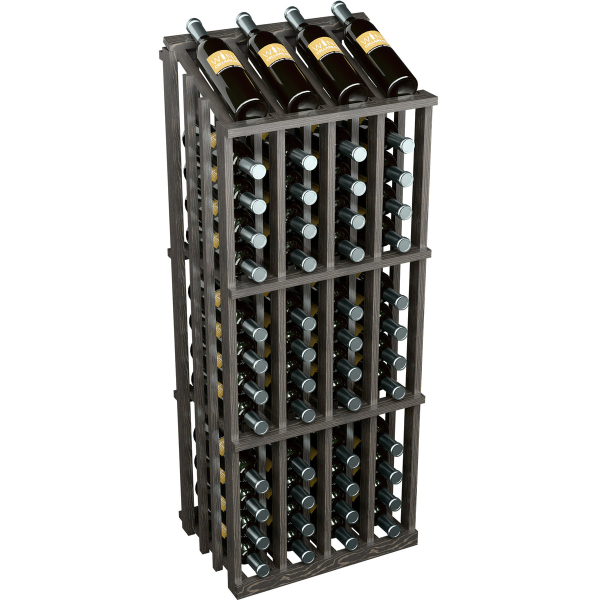 Dark wood wine bottle display rack with metal bottle slots and 52 bottles shown
