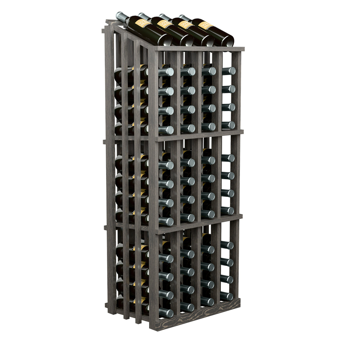Black wine bottle display rack with front metal grid and 52 bottles shown