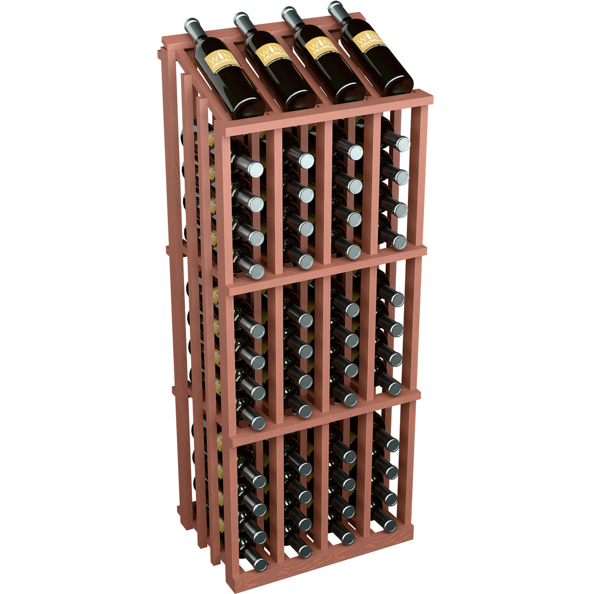 Red stained wood wine bottle display rack with 52 bottle slots and dark bottles
