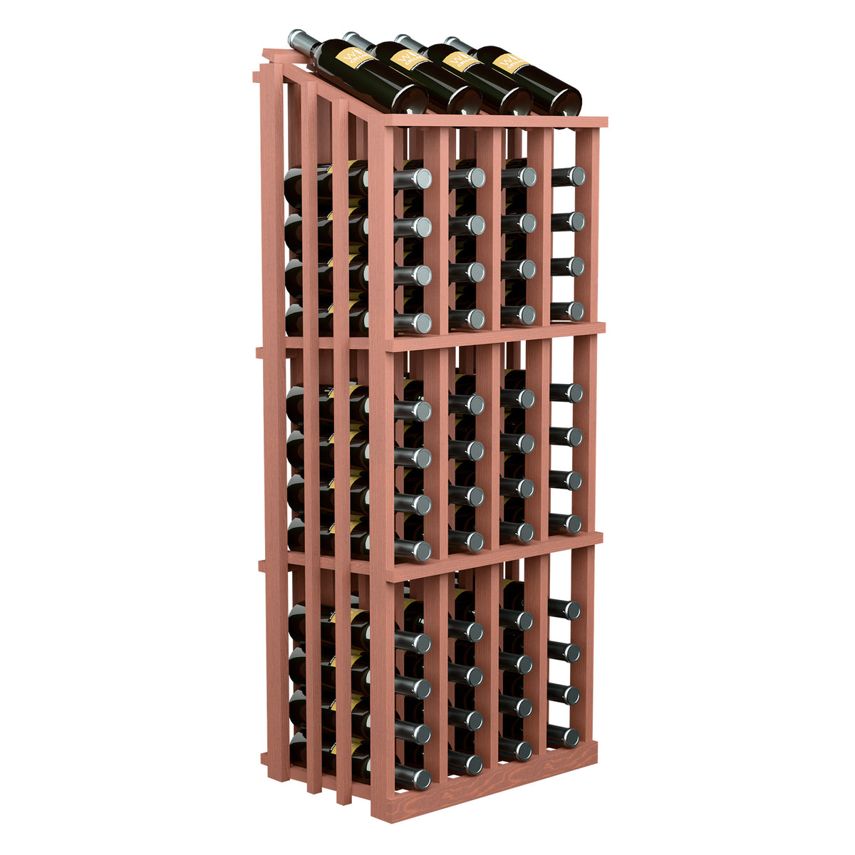 Wood wine bottle display rack with 52 slots, medium brown frame and round bottle holder rings.