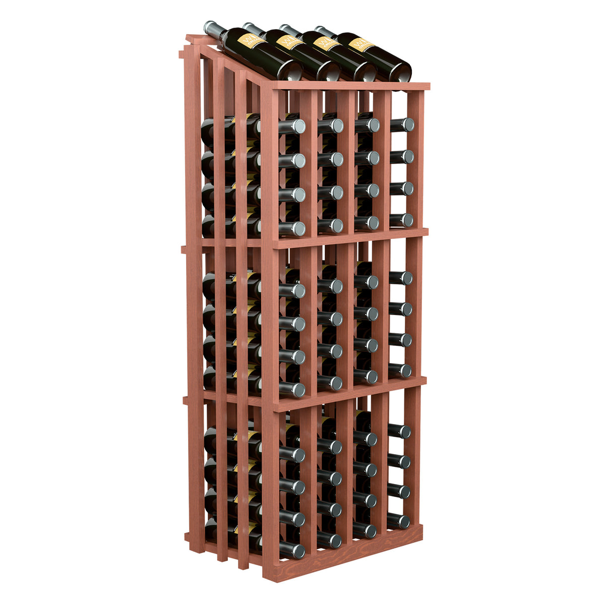 Rust-colored wood wine bottle display rack with metal bottle holders and 52 bottles