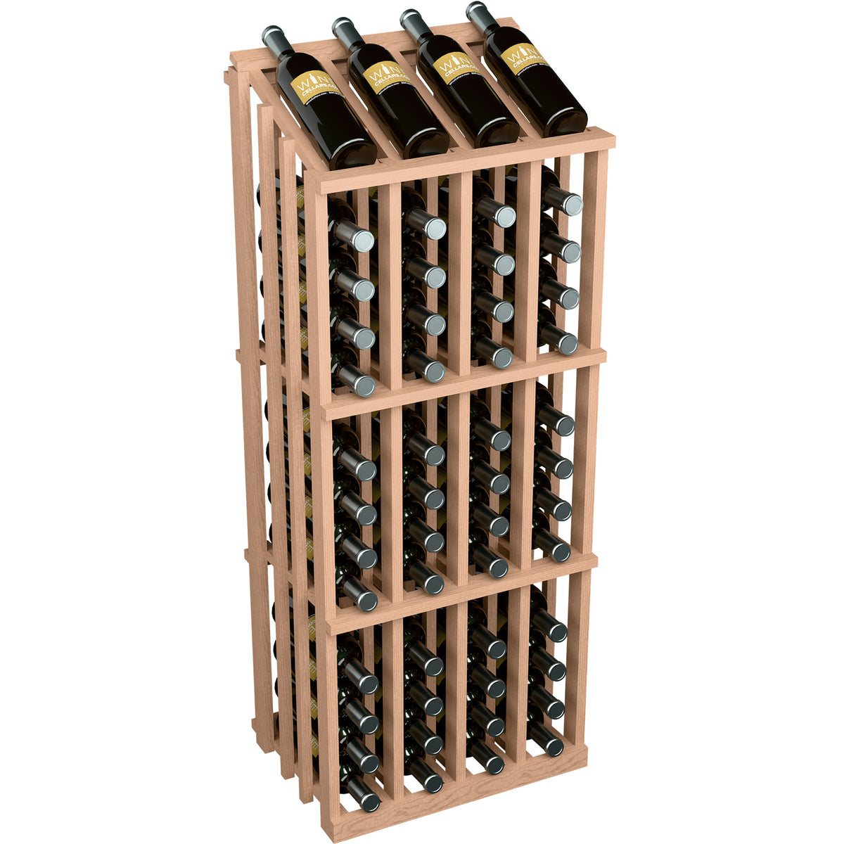 Wine bottle display rack with dark bottles in a pale wood frame and circular metal bottle holders.
