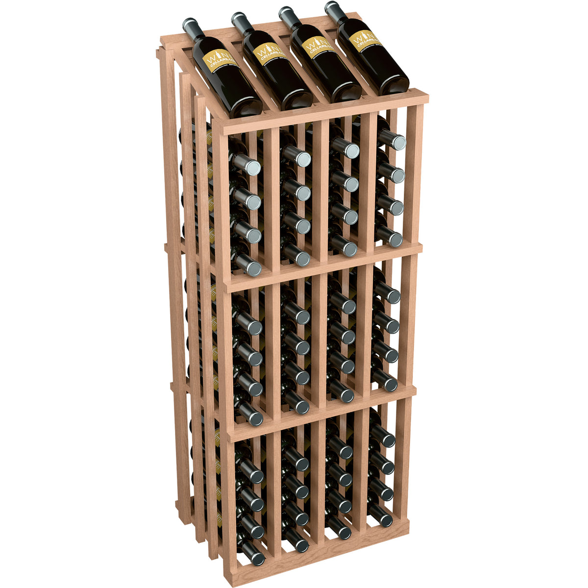 Light wood wine bottle display rack with metal bottle slots and 52 bottles shown