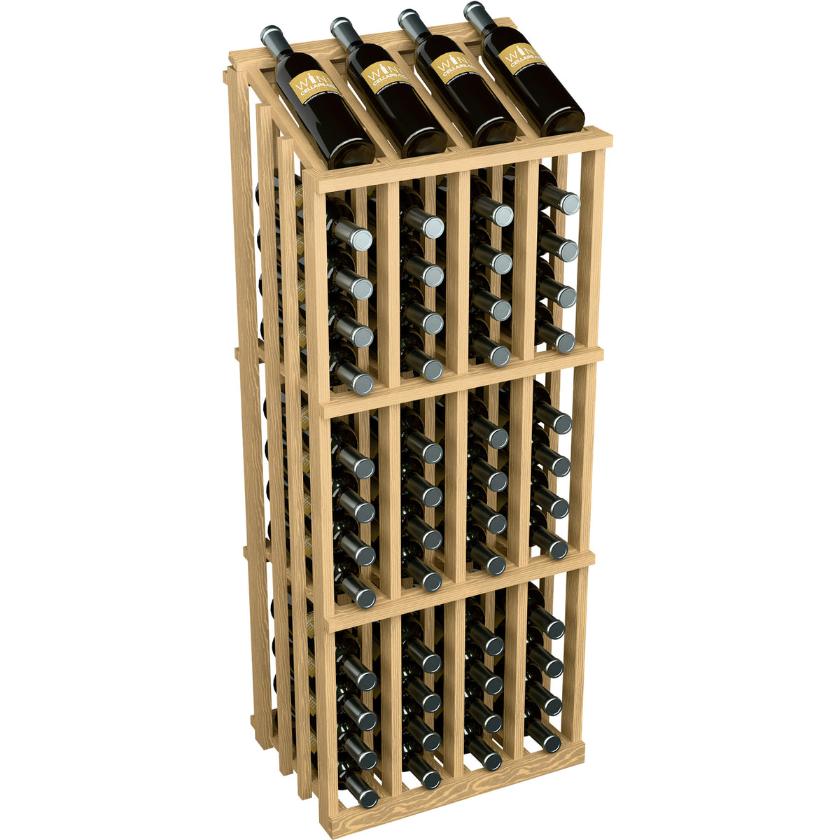 Pale tan wood wine bottle display rack with 52 bottle slots and dark bottles
