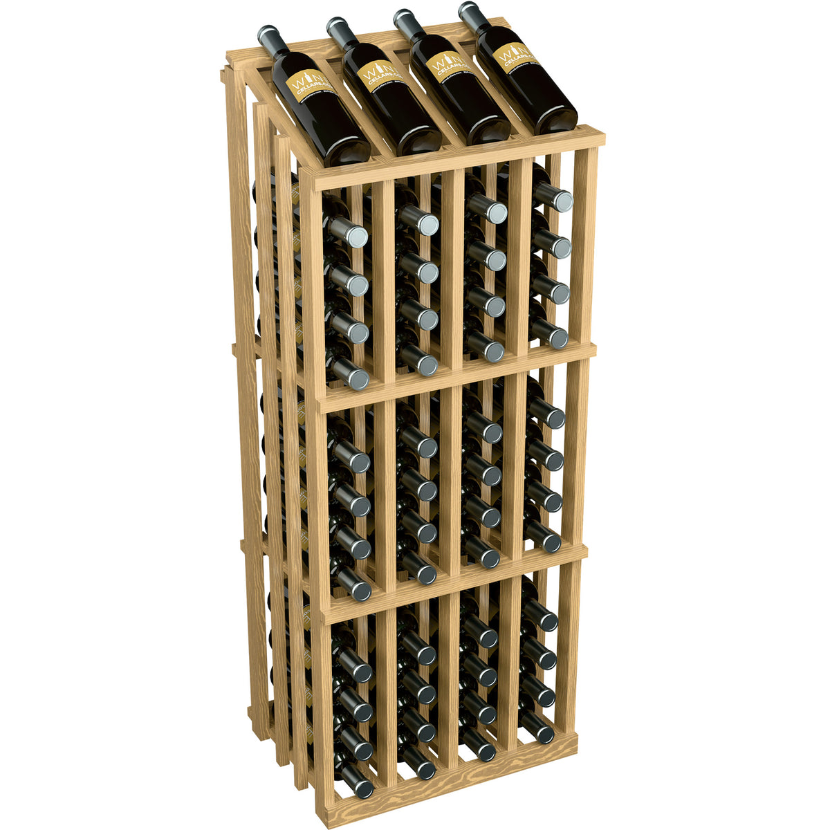 Natural wood wine bottle display rack with metal bottle slots and 52 bottles shown