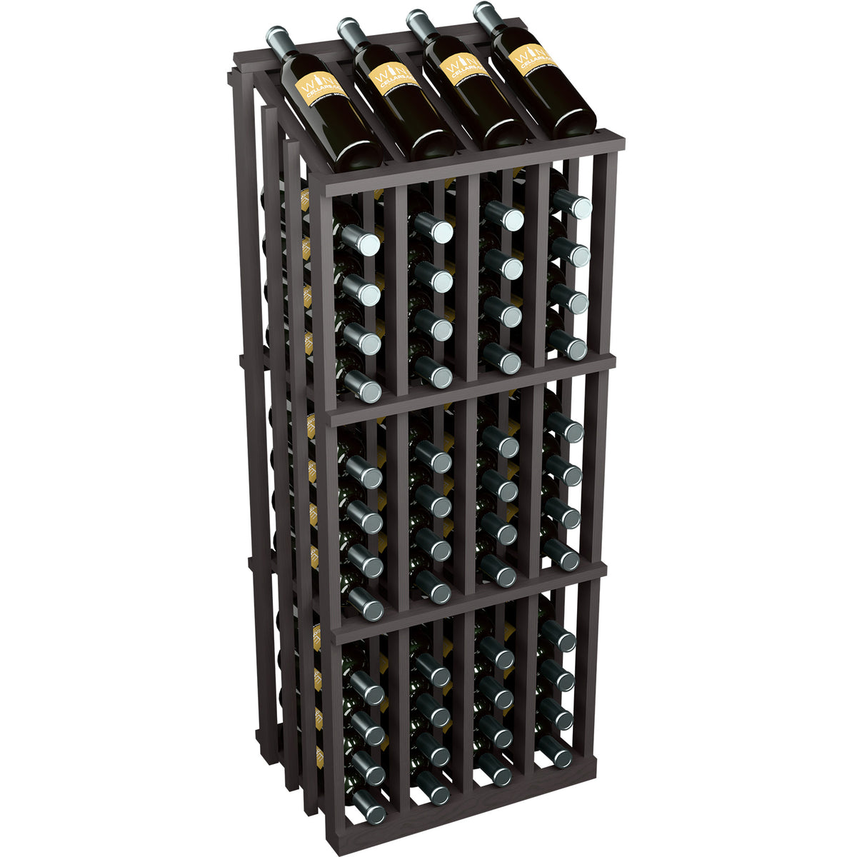 52-bottle wine display rack with circular bottle holders, black/dark frame, bottles on top