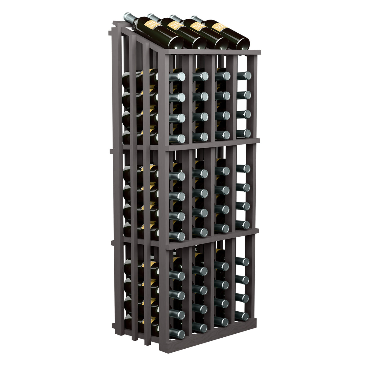 Dark wine bottle display rack with glass holders and bottles on top