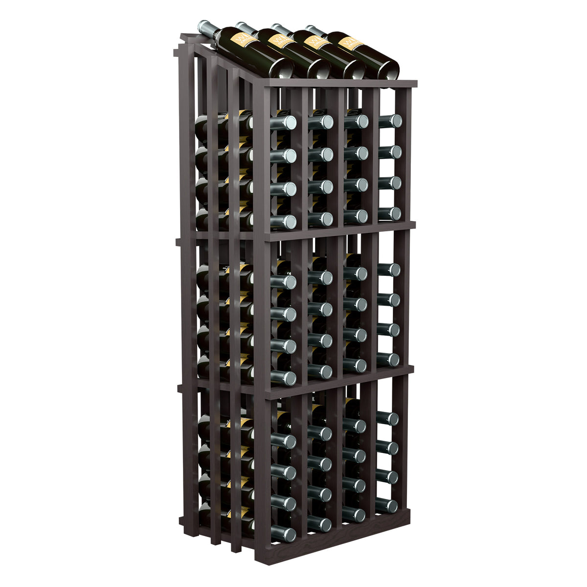 Dark brown wine bottle display rack with metal grid and 52 bottles shown