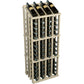 Wine bottle display rack with dark bottles in a light gray wood frame and metal holders.