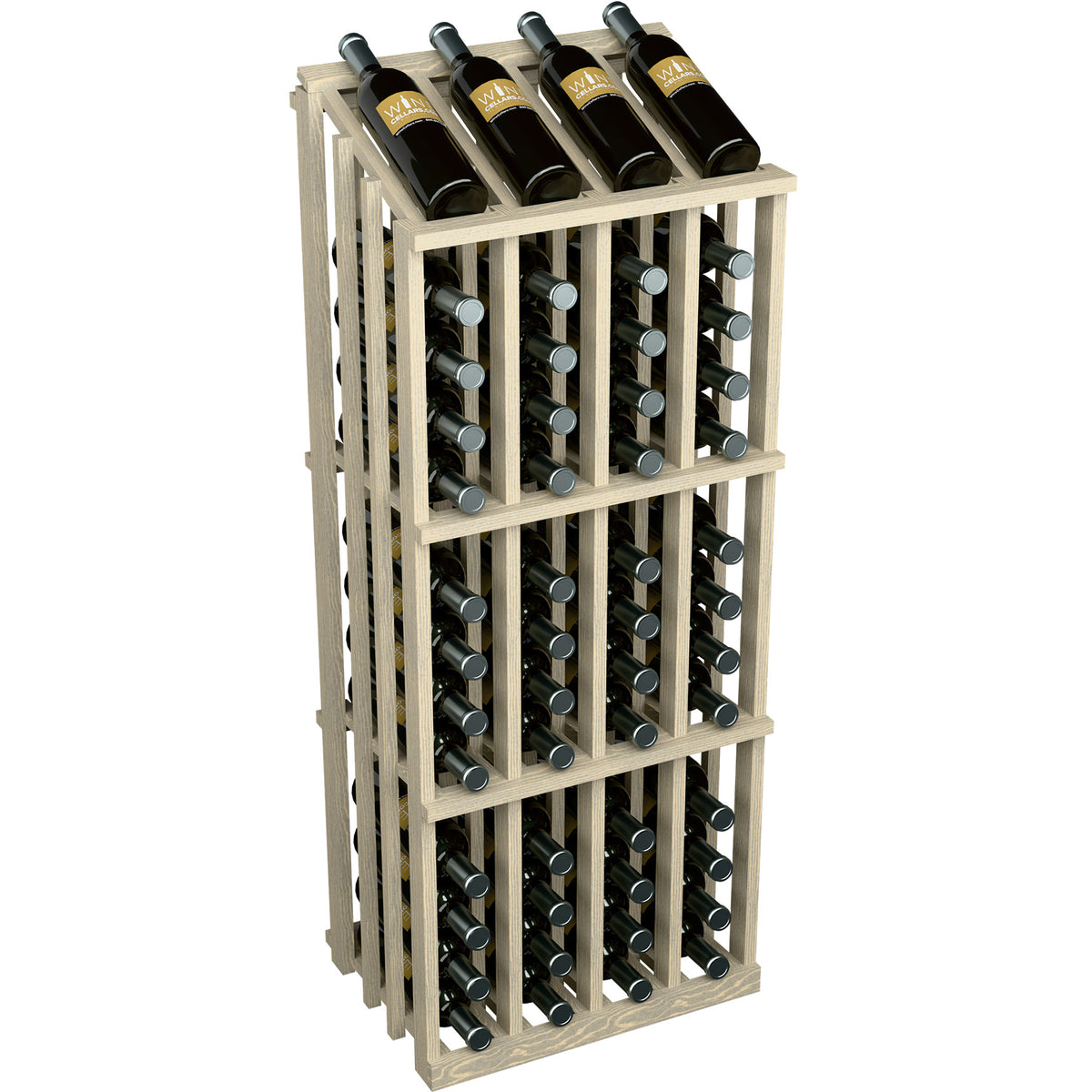 Wine bottle display rack with dark bottles in a light gray wood frame and metal holders.