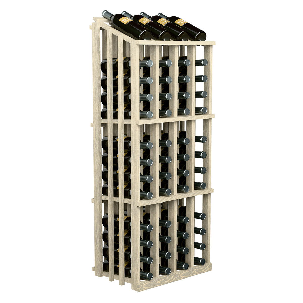 Natural wood wine bottle display rack with 52 bottle slots and black bottles
