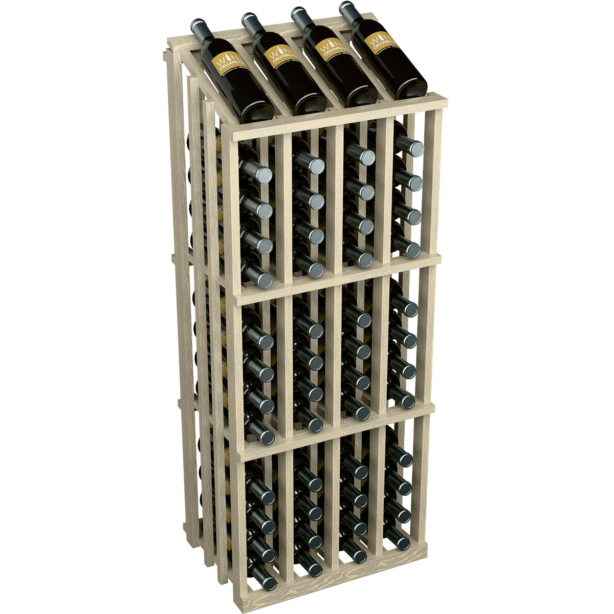 White wooden wine bottle display rack with grid rows and assorted bottles on top