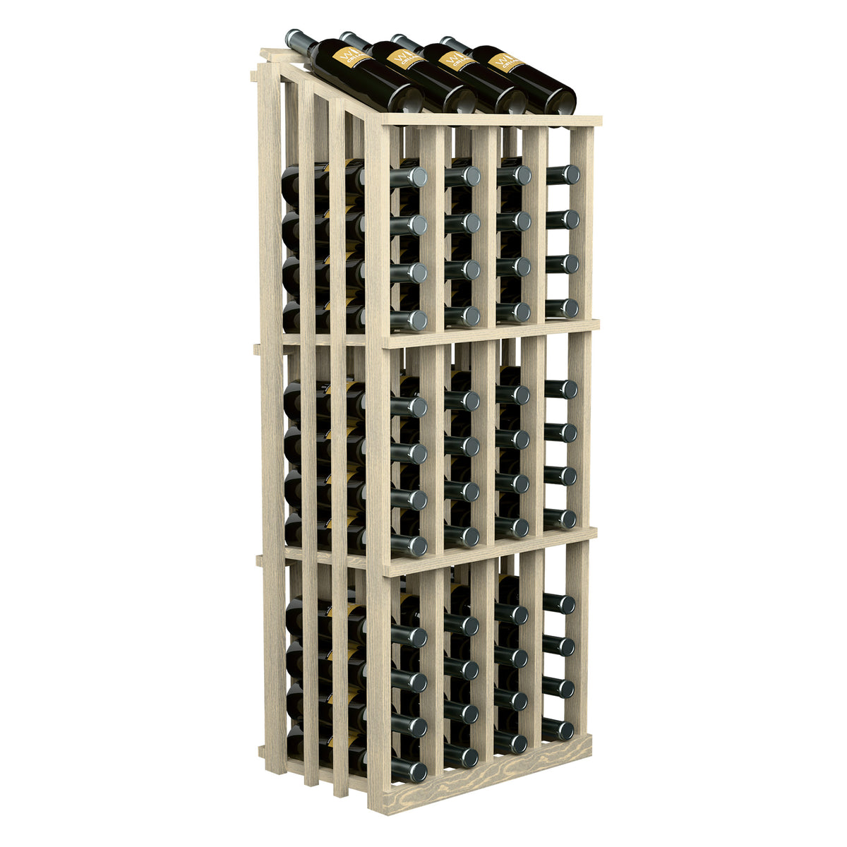 Light wood wine bottle display rack with bottle holder grid and bottles on top