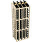 Light wood wine bottle rack three-quarter view showing rows of bottles in holders