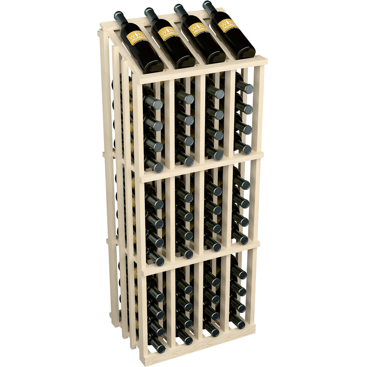 Light wood wine bottle rack three-quarter view showing rows of bottles in holders