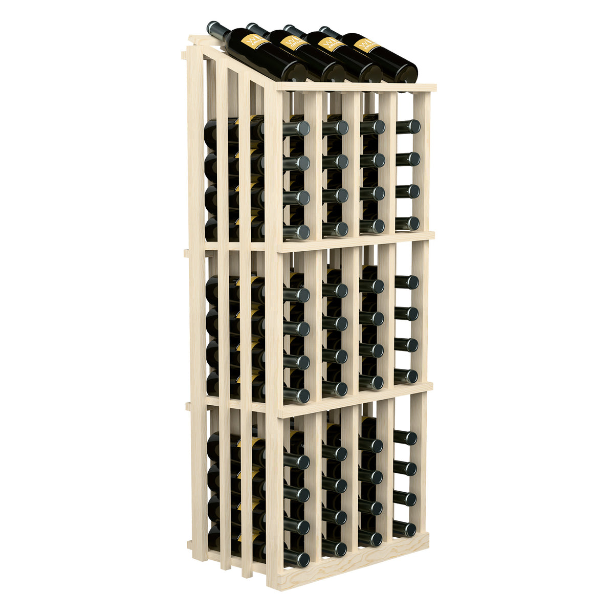 White wood wine bottle display rack with slatted frame and bottle rows