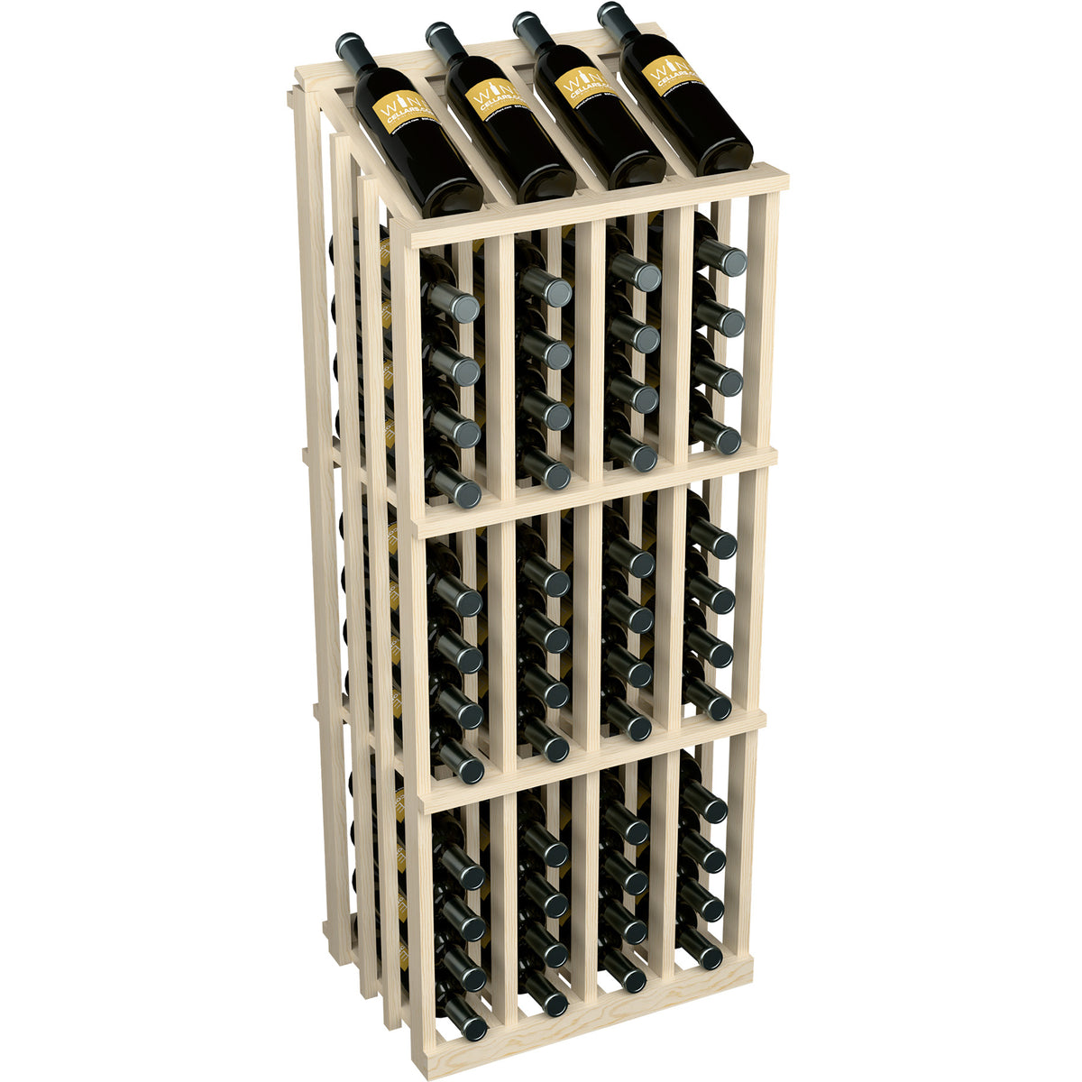 Light wood wine bottle display rack with front grid slots and wine bottles