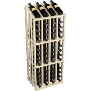 Light wood wine bottle display rack with front grid slots and wine bottles