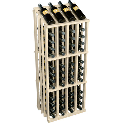 Light wood wine bottle display rack with front grid slots and wine bottles
