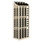 Tall wine bottle display rack in light wood with front and side bottle openings