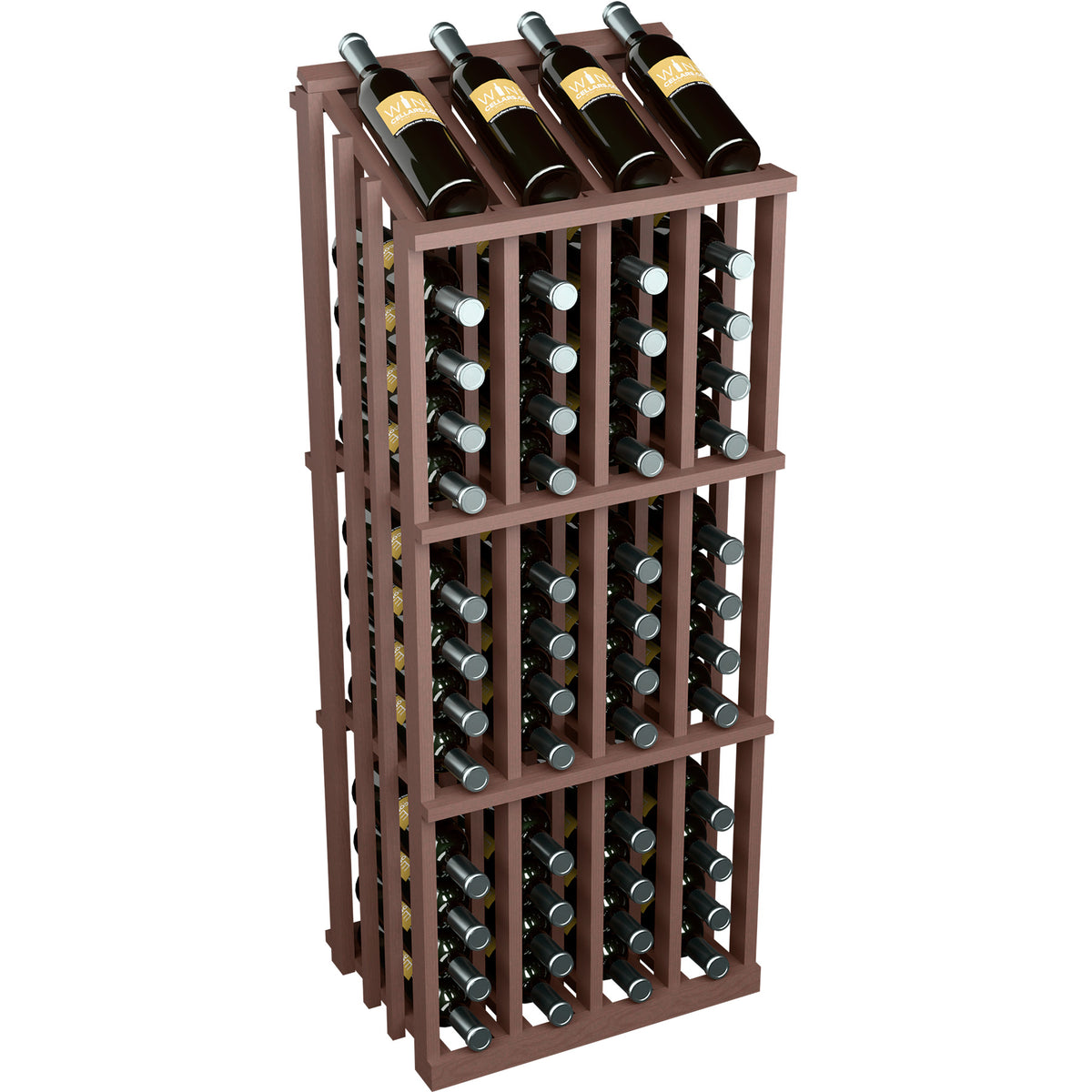 Wood wine bottle display rack with 52 slots, dark brown shelves and bottle holder circles.