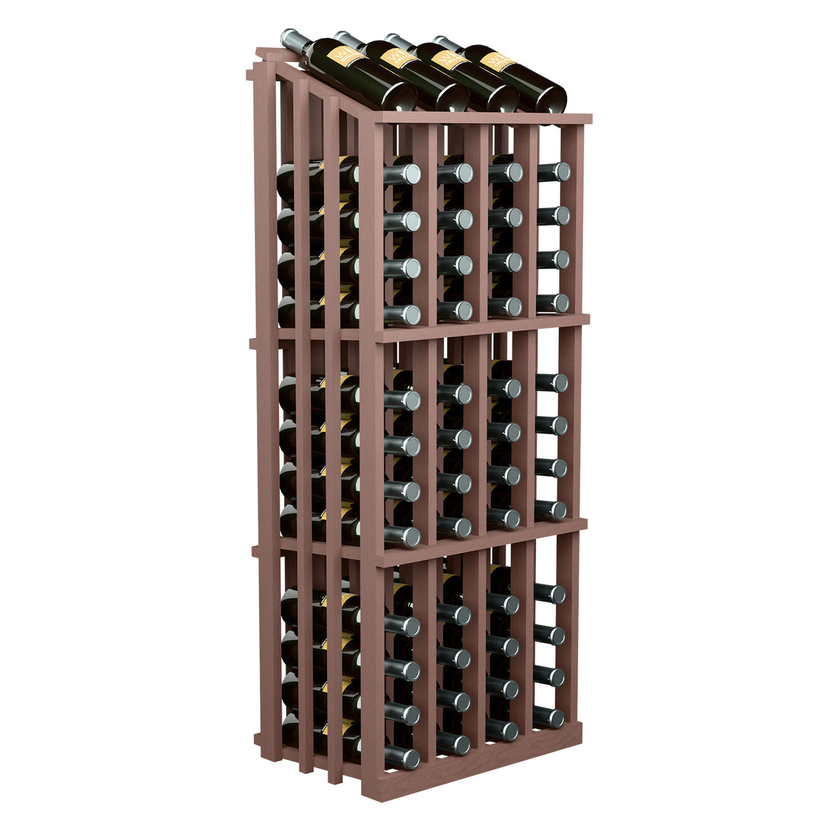 Brown wine bottle display rack with glass holders and bottles on top