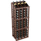 Dark brown wooden wine bottle display rack with front grid and bottles on top