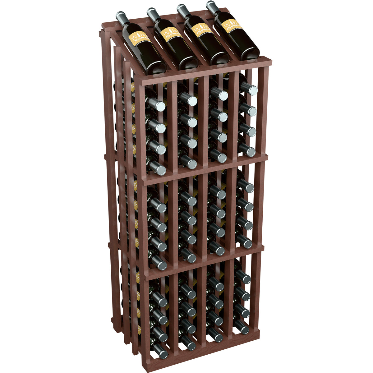 Dark brown wooden wine bottle display rack with front grid and bottles on top