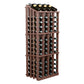 Dark wood wine bottle display rack with front grid rows and bottles on top