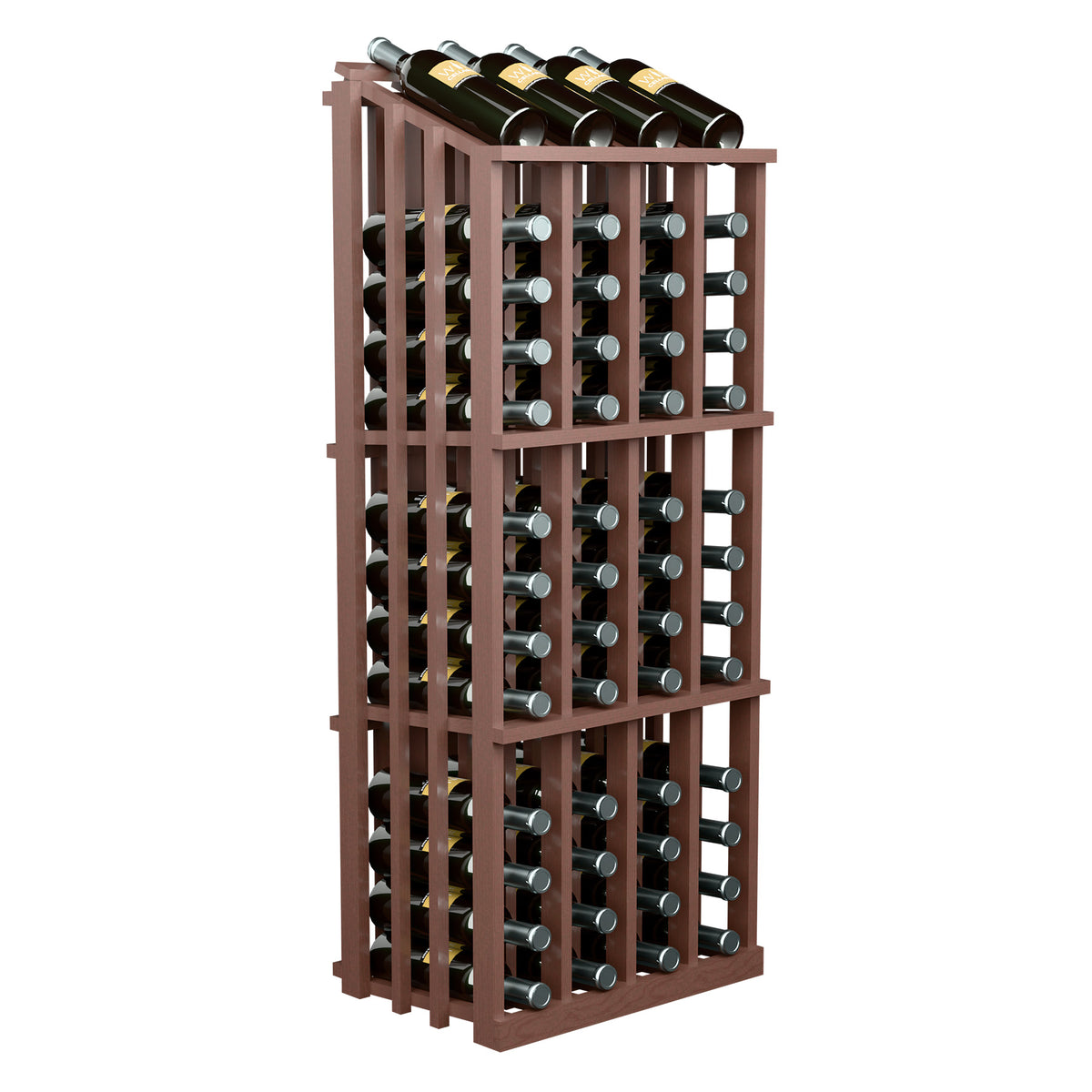 Dark wood wine bottle display rack with front grid rows and bottles on top