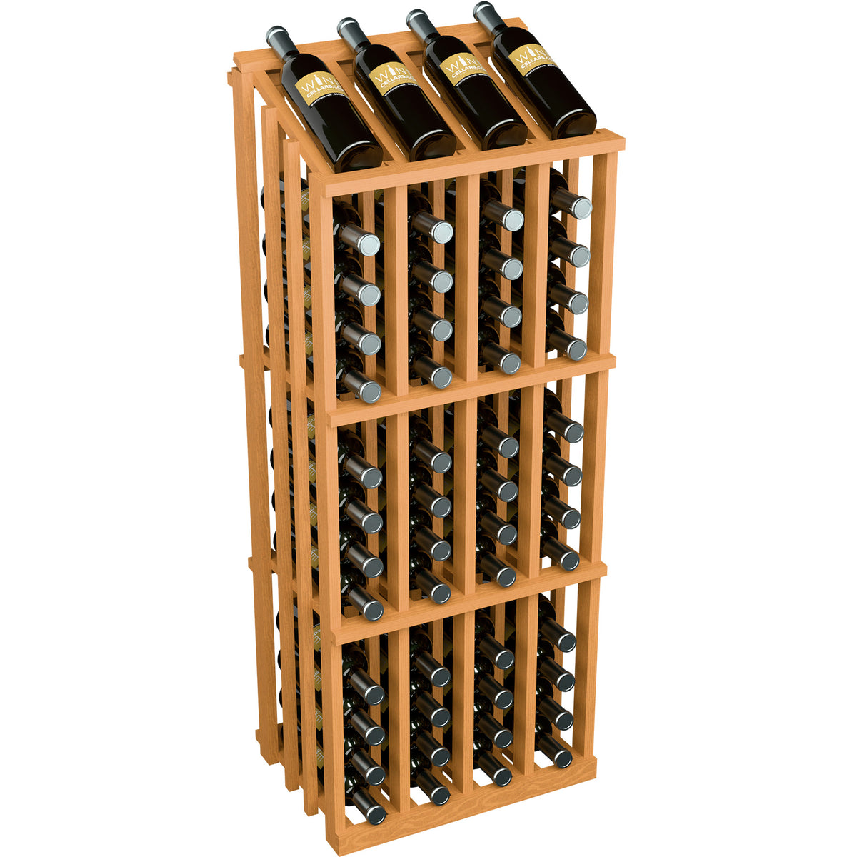 Wine bottle display rack with dark bottles in a warm wood frame and circular metal bottle holders.