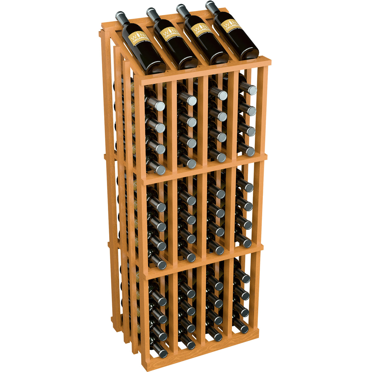 Honey-colored wooden wine bottle display rack with bottle slots and bottles on top