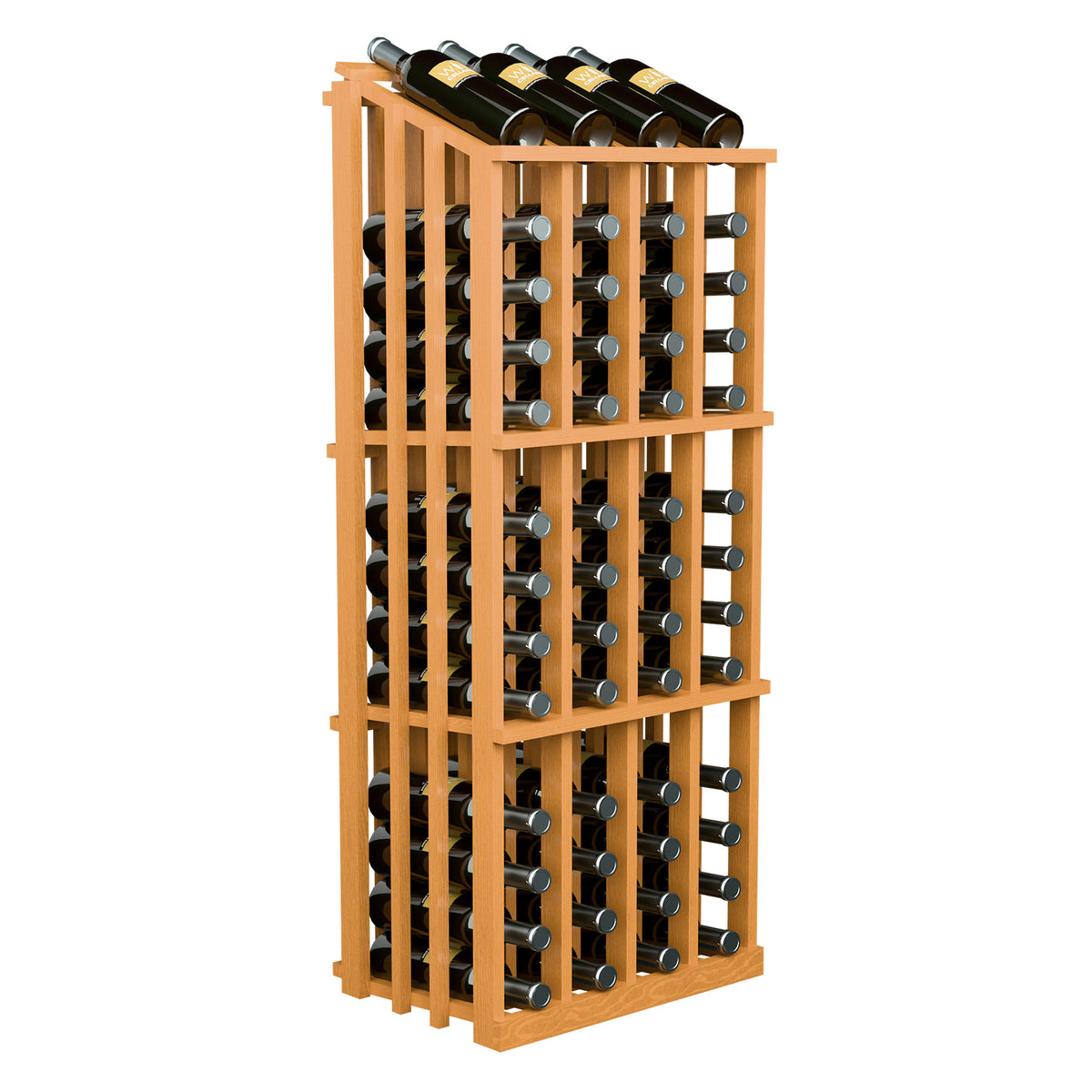 Light amber wooden wine bottle display rack with front grid slots and top bottles