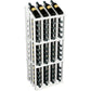 White wood wine bottle display rack with 52 bottle slots and dark bottles