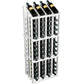 White wooden wine bottle display rack with grid bottle holders and bottles on top