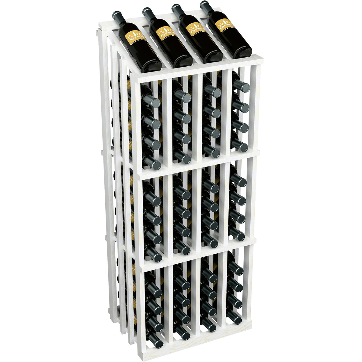 White wooden wine bottle display rack with grid bottle holders and bottles on top