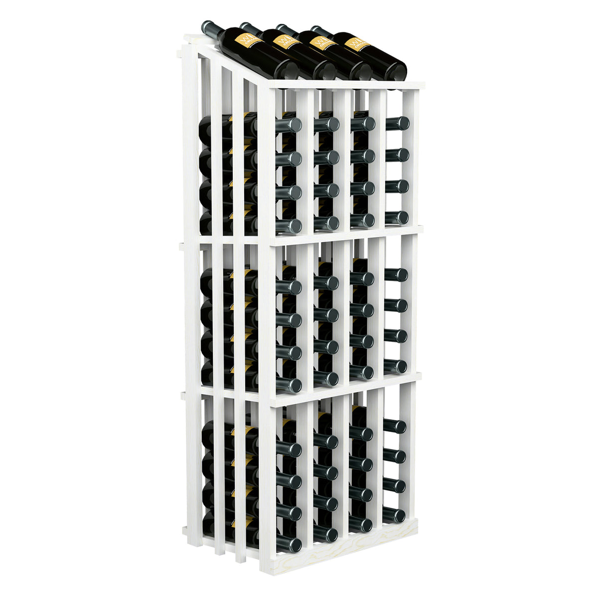 White wine bottle display rack in tall wood frame with front grid and top bottles