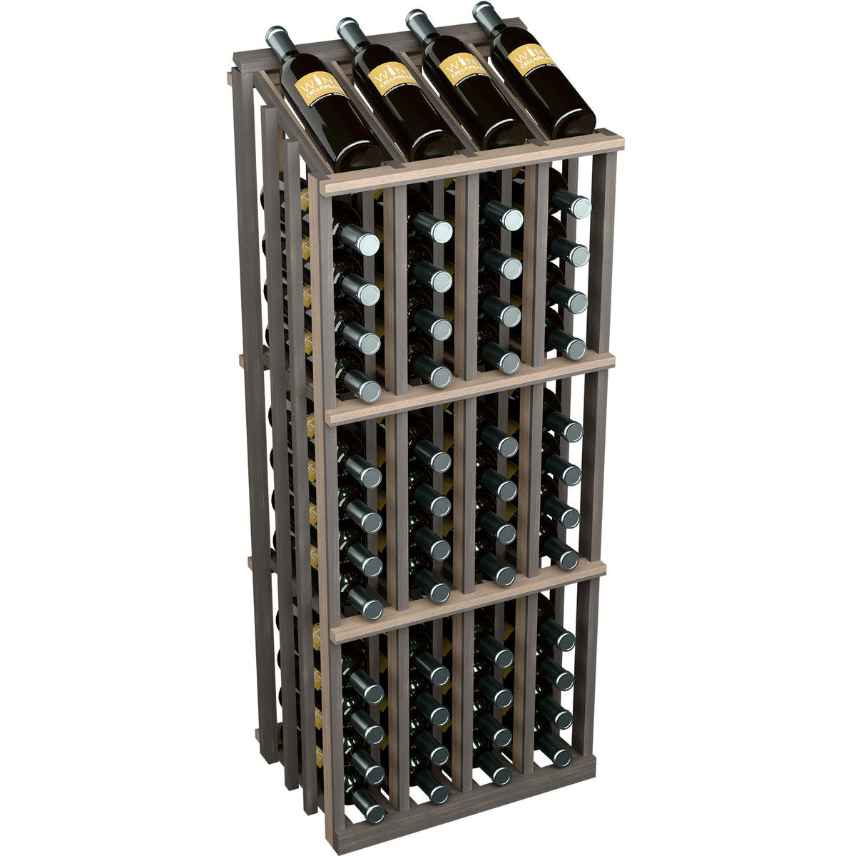 Dark stained wine bottle display rack with slatted frame and bottle storage grid