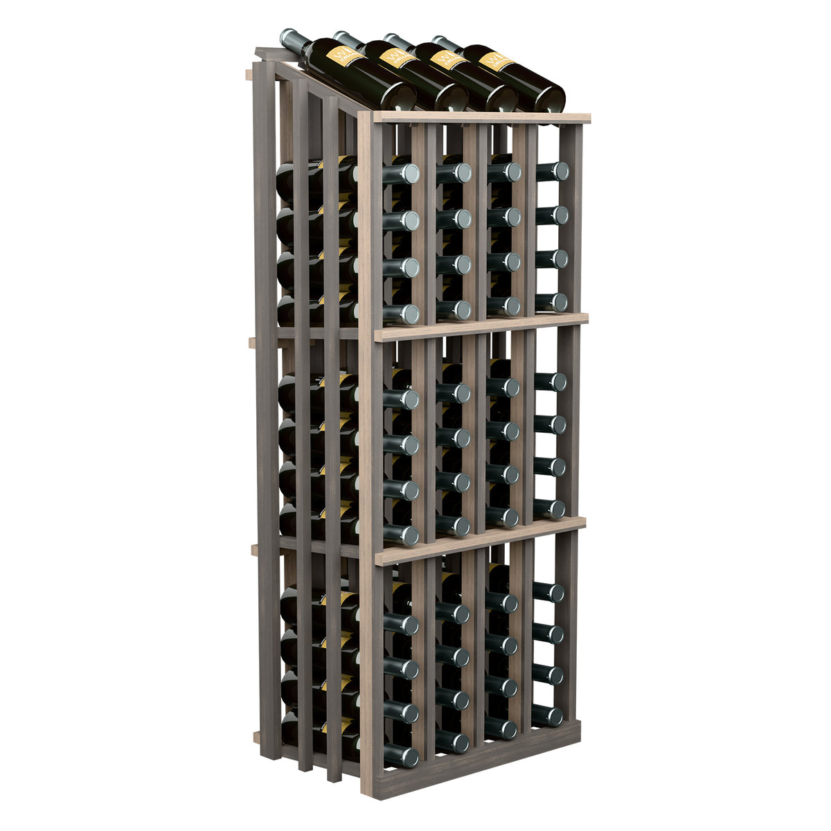 Grey wine bottle display rack with glass holders and bottles on top