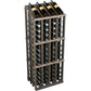 Wine bottle display rack with dark wood frame and 52 bottle holders, front view.